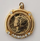 Vintage Mercury Dime Liberty Head Coin Pendant Gold Plated Bezel Rhinestones