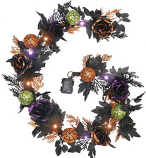 6 Ft Pre-Lit Halloween Garland W/ Lights, Orange Purple Roses, Black Leaves NW