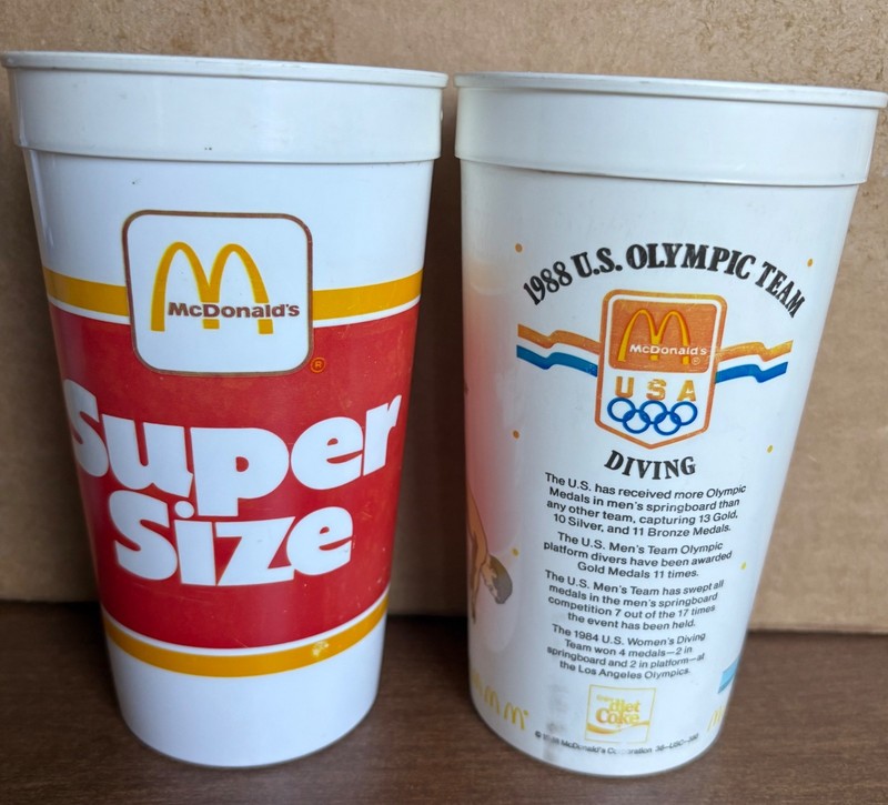 McDONALDS SUPER SIZE & 1988 OLYMPIC DIVING Plastic Cups - COCA COLA