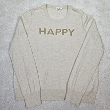 Gap Women Knit Sweater Long Sleeve Crewneck HAPPY Graphic Oatmeal XL Merino Wool