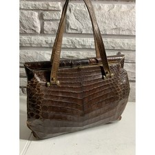 Vintage Brown Crocodile Alligator Skin Top Handle Handbag Mid Century Frame Bag