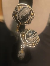 Vintage Fahrenheit Snowflake Obsidian Clip Earrings