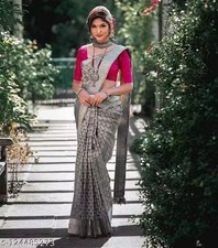 Indian Women's Jacquard Silk Saree With Unstitched Blouse Festive Party Sari Gif