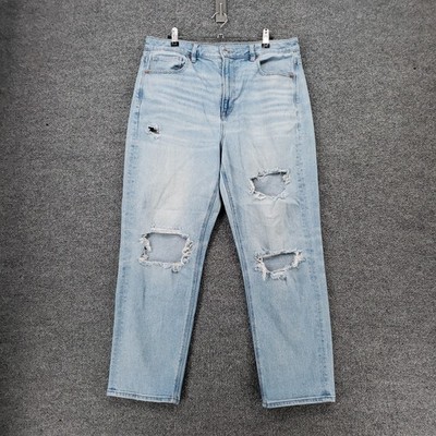 American Eagle Jeans Womens 14 Blue Mom Straight High Rise Stretch Ripped Denim