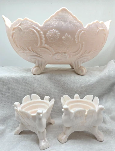 Jeanette Lombardi Pink Shell Milk Glass Footed Bowl -2 Shell Pink Candle Holders