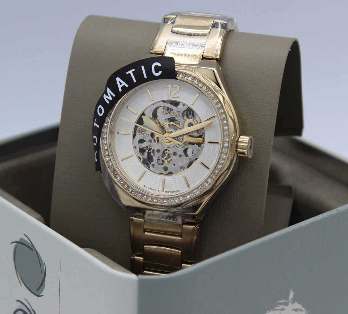 NEW AUTHENTIC FOSSIL EEVIE GOLD AUTOMATIC SKELETON BQ3782 WOMEN 