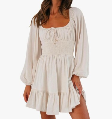 Lillusory Smocked Long Sleeve Mini Dress Juniors Large Ivory Lined 100%  Cotton | eBay