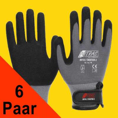 6 Paar Mechanikerhandschuhe mit Klettverschluss 8910 NITRAS grau/schwarz Gr.8-11