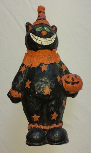 Halloween Black Cat Clown Cheshire Smile 10" Figure VTG Sculpted wood w/ pumpkin - Picture 1 of 11