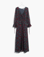 NWT Madewell Green Floral Winter Orchid Willowleaf Tie Sleeves Maxi Dress 00 