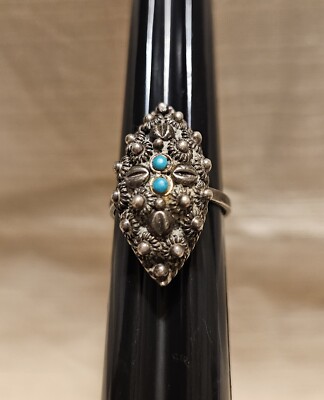 Mexico Sterling Silver Turquoise Cannetille Shield Ring Adjustable JFN 925 Vtg