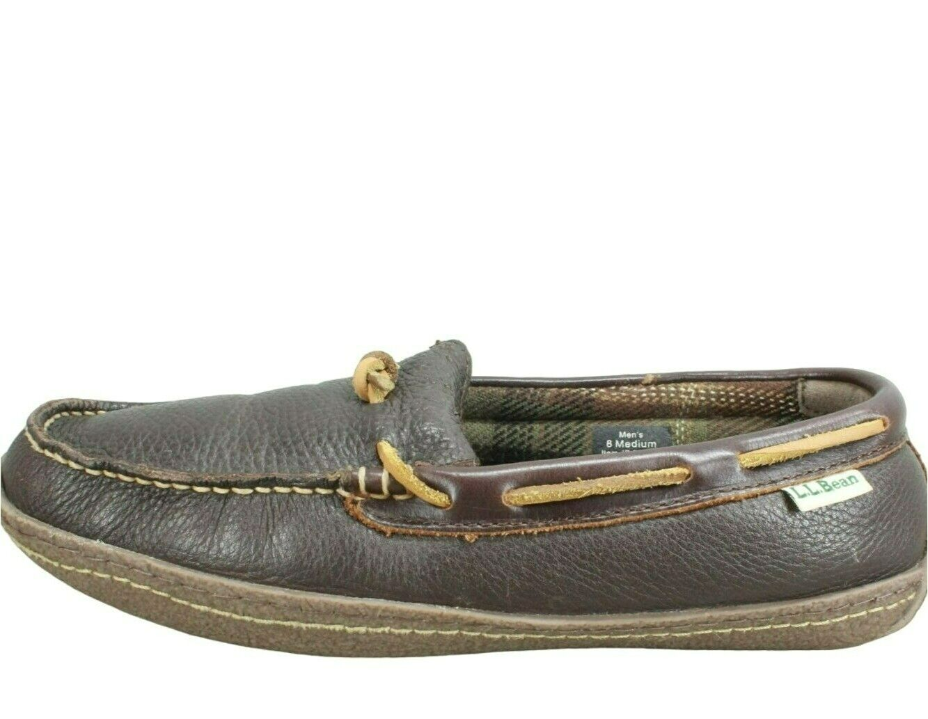 LL Bean Men's Brown Leather Slip On FlannelLined Handsewn Slippers
