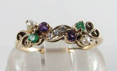 SUFFRAGETTE 9K 9CT GOLD AMETHYST EMERALD PEARL DIAMOND ART DECO INS RING Size K - Picture 3 of 5