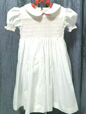 Vintage Girls Dress White Pink Smocked 4-5T see Measurements Smocked