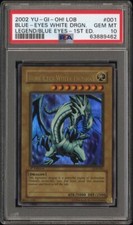 2002 YU-GI-OH PSA 10 GEM MINT *WAVY* BLUE-EYES WHITE DRAGON LOB-001 1ST EDITION!