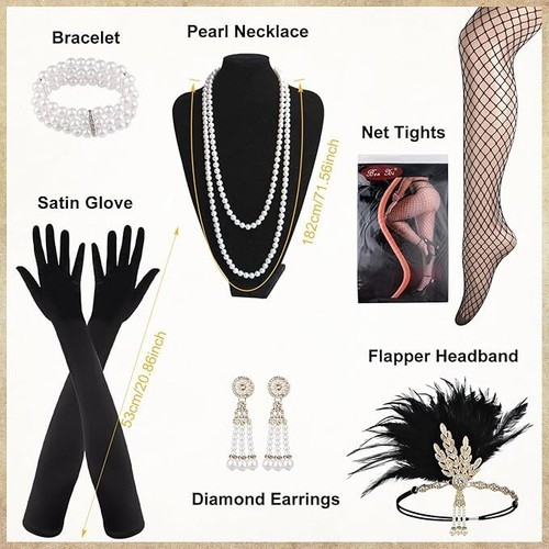 PLULON 20er Jahre Pailletten Perlen Fransen Flapper Kleid mit 20s Accessoires Set groß. - Bild 5 von 6