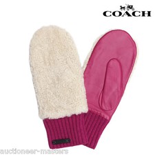 NWT COACH CRANBERRY LEATHER AND SHEARLING MITTEN GLOVES -- Gift Box -- MSRP 150