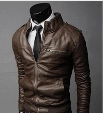 Men Bomber Leather Biker Genuine Lambskin Brown Leather Jacket XS-2XL FB67