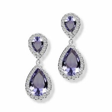 New White Gold Plated Amethyst Purple  Clear Teardrop CZ Stud Dangle Earrings