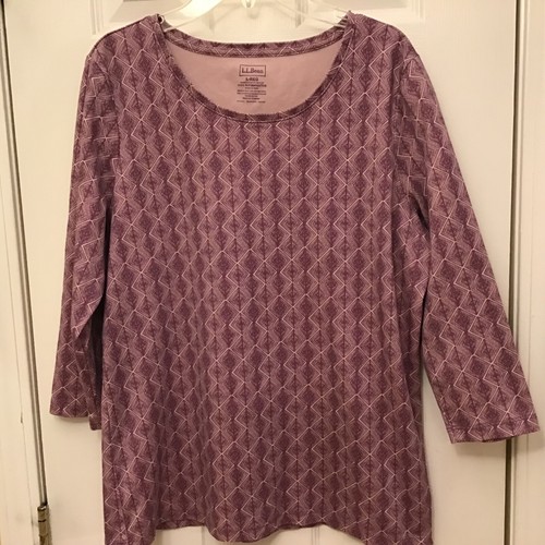 LL Bean Top Womens Size Large Purple Print Pima Cotton 3/4 Sleeve T