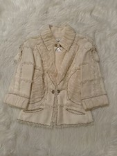Chanel Chain Embellished Fringe Tweed Blazer Jacket CC Off White 36