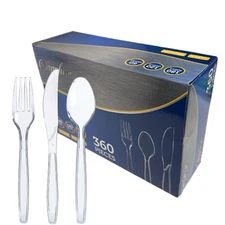 Disposable Cutlery 360 Pcs Spoons Forks Knives Plastic Party Cutlery - Clear