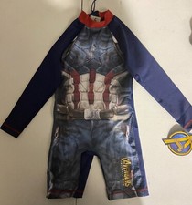 Marvel Capt America One Piece Rash Guard Zip Up Swimming Suit Size 6-12 New