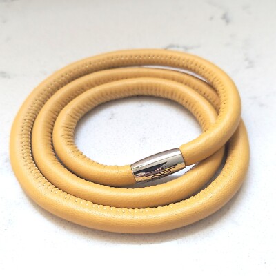 Endless Leather Charm Bracelet Mustard Yellow Triple Wrap Magnetic Clasp Necklac