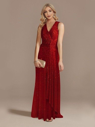 Women V-Neck Party Maxi Dress Sleeveless Sequin Evening Dress Long Prom Dress - Picture 33 of 35