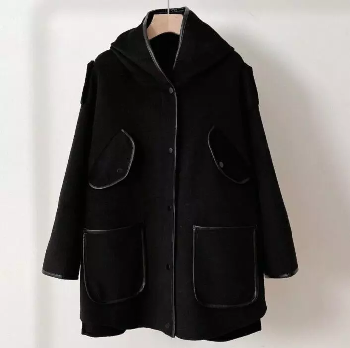 Autumn Winter Maje Women loose Drawstring Hooded Cape Wool Coat