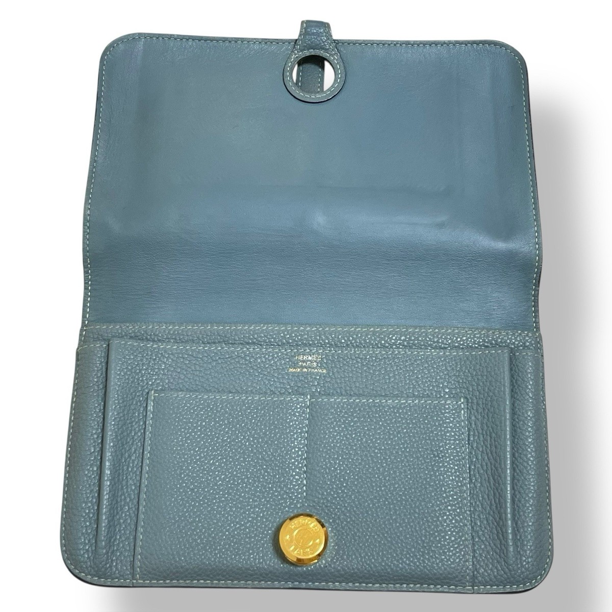 HERMES Dogon GM Wallet Blue Leather Gold Hardware Long Bifold