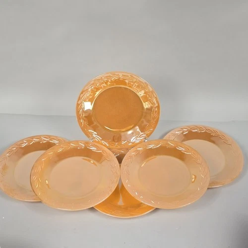6 Fire King Peach Lustre Laurel Leaf 9 Inch Dinner Plates