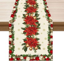 Christmas Poinsettias Leaves Bells Snowflakes Winter Table Runner 13x72 Inch