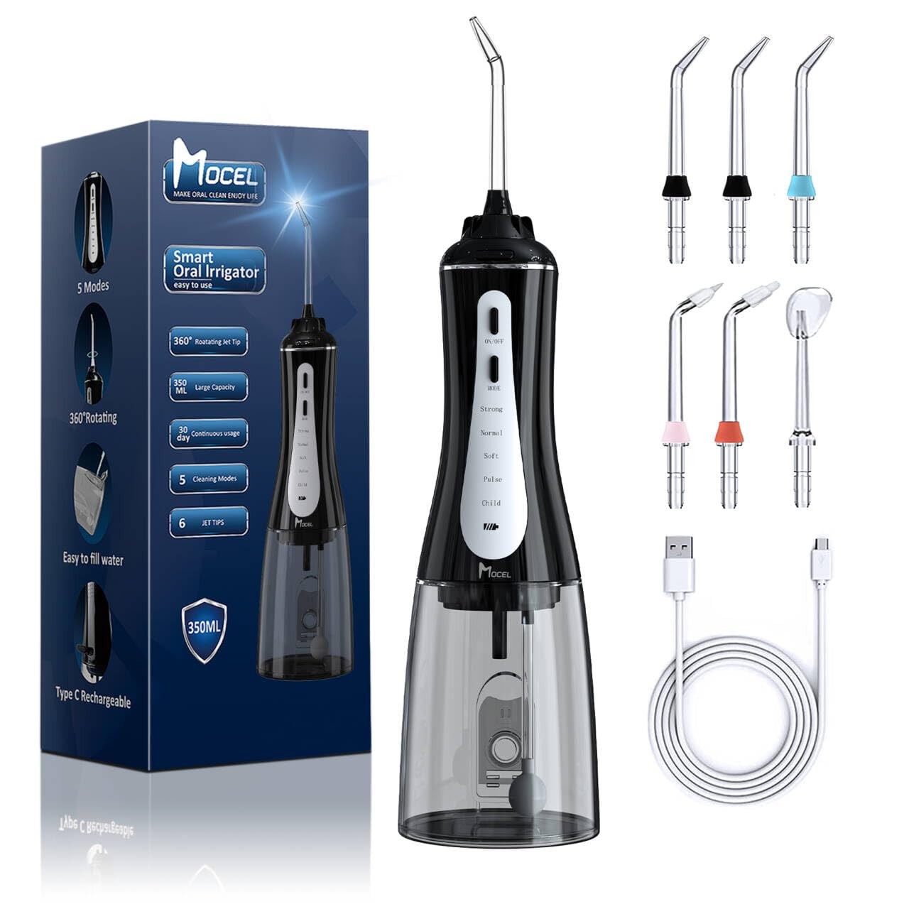 MOCEL Water Dental Flosser Oral Irrigator with 5 Modes 350ml Cordless Water