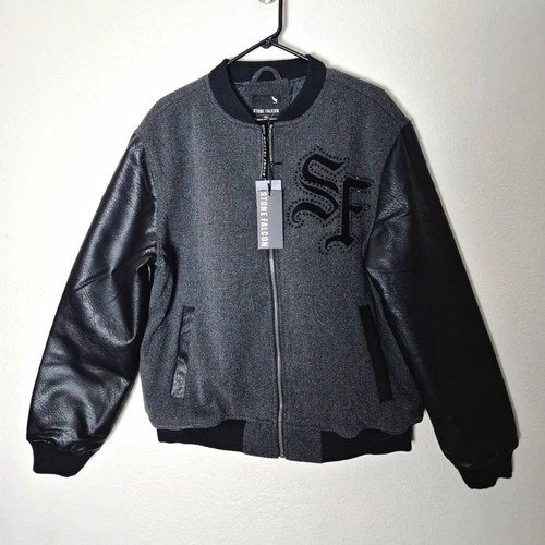 Stone Falcon Men's Varsity Jacket Gray/Black Full Zip Faux Leather Sleeves L - product listing photo