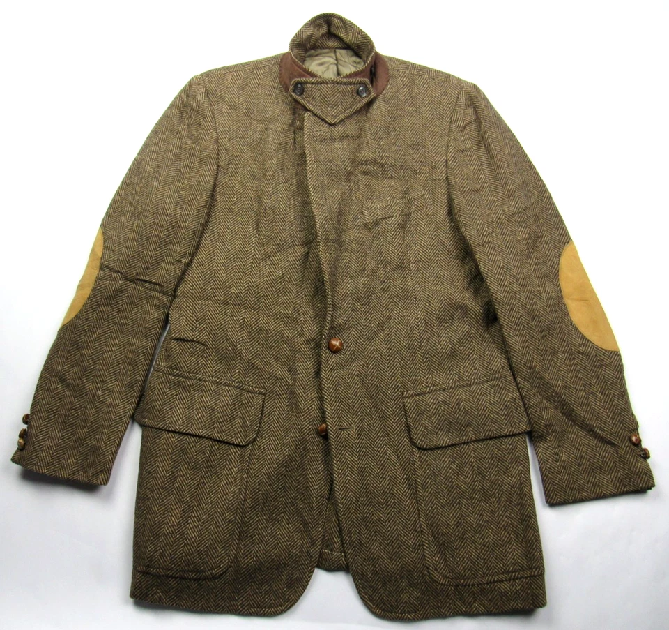 复古 20 世纪 60 年代 Saks 粗花呢西装外套 尺寸 40 L 皮革肘贴 喉闩锁 英语 — 第 3/4 张图片