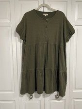 Madewell Tiered Cotton Knit Dress Olive Green Boho Casual Crinkle Oversized S