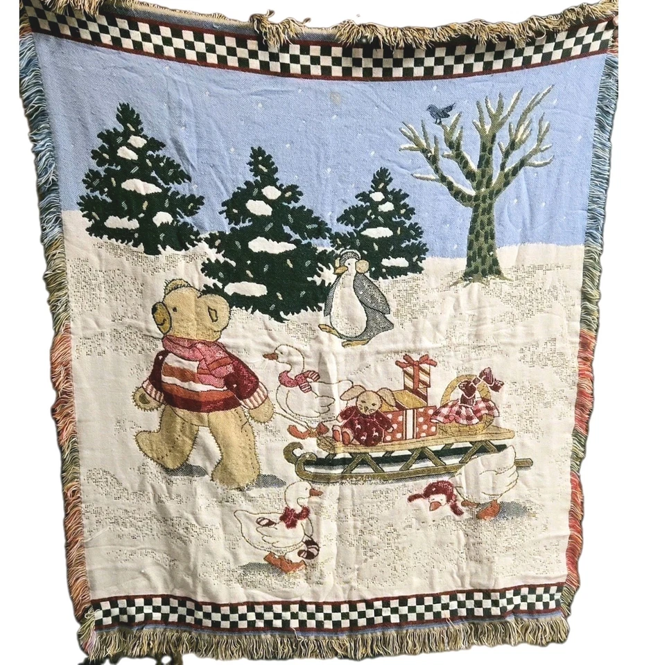 VTG Tapestry Throw Blanket Cabin Fireplace Teddy Bear & Friend w/Sleigh, Fringe - Image 1 of 4