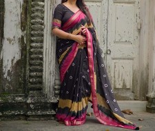Premium Chanderi Saree with Bandhani  Shibori Zari Pattu Border Aari Mirror.