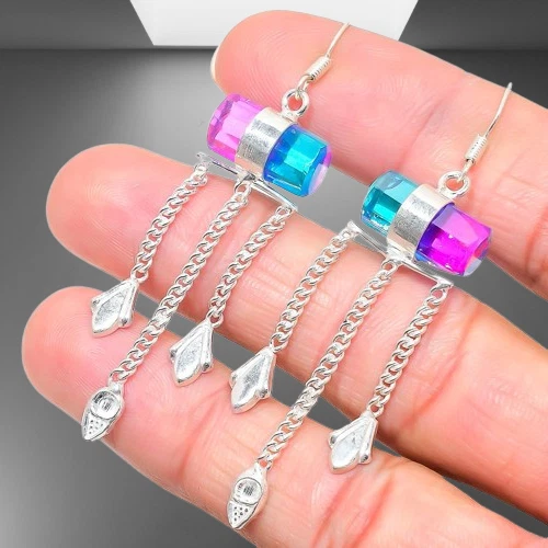 Pendiente de plata de ley 925 con piedras preciosas de turmalina bicolor 2,68" b873 Foto 3 de 4