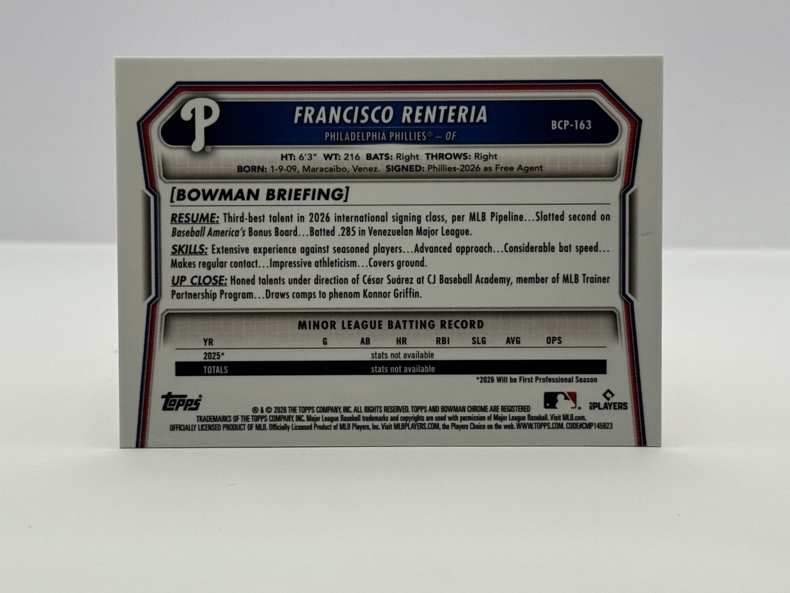 2026 (1ST) Bowman Chrome FRANCISCO RENTERIA Red Reptilian RC #’D 3/5 {PHILLIES} view 3