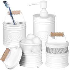 White Bathroom Set 4 - Farmhouse Soap Dispenser, Toothbrush Holder, 2 Apothec...