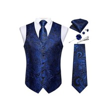 Mens Vest and Tie Set Formal Paisley Waistcoat and Medium Shiny Royal Blue
