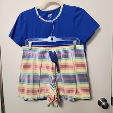 Lands' End Blue Rainbow Stripe Pajamas Shirt  Shorts Set Small Cotton Leisure