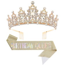 Papoopy Birthday Tiara Crown with Sash for Women, Headband Hair C - 3 Gold