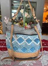 Myra Bag Mid Town Tide Upcycled Canvas Leather Large Boho Western Shoulder Bag