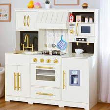 Wooden Kids Kitchen Playset with Complete Play Areas and Storage, Lights Sound