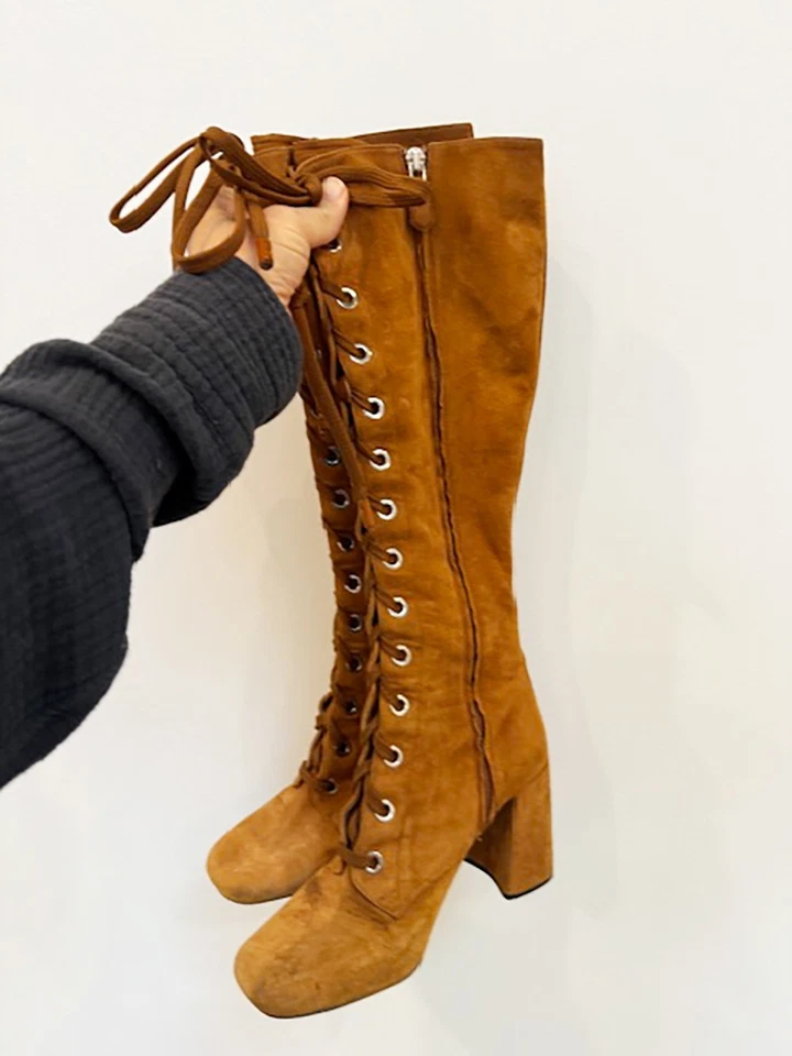 Дизайнерские женские винтажные ботинки PRADA размер 7,5 AU 38,5 ЕС коричневая замша на шнуровке - Изображение 3 из 4