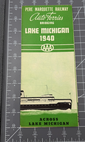 Brochure Pere Marquette Auto Ferries Bridging Lake Michigan con mappa - 1940