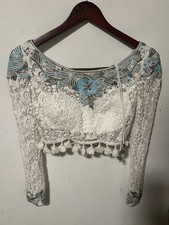 Sherri Hill Ivory/Aqua Lace Beaded Tassel V-Neck Crop Top Long Sleeve 2